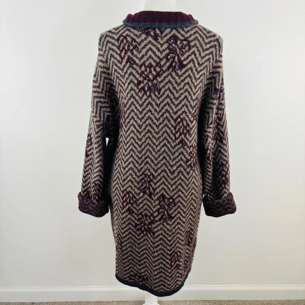 A Ida Italy Made Floral Wool Luxury Long Chevron Cardigan Burgundy Buckle Neck